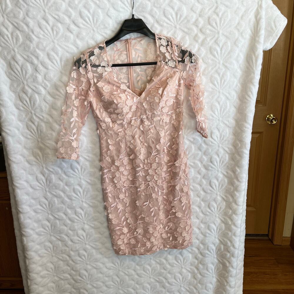 Eliza J 3D floral pink bridesmaid dress embroidered sheer back & sleeves size 6